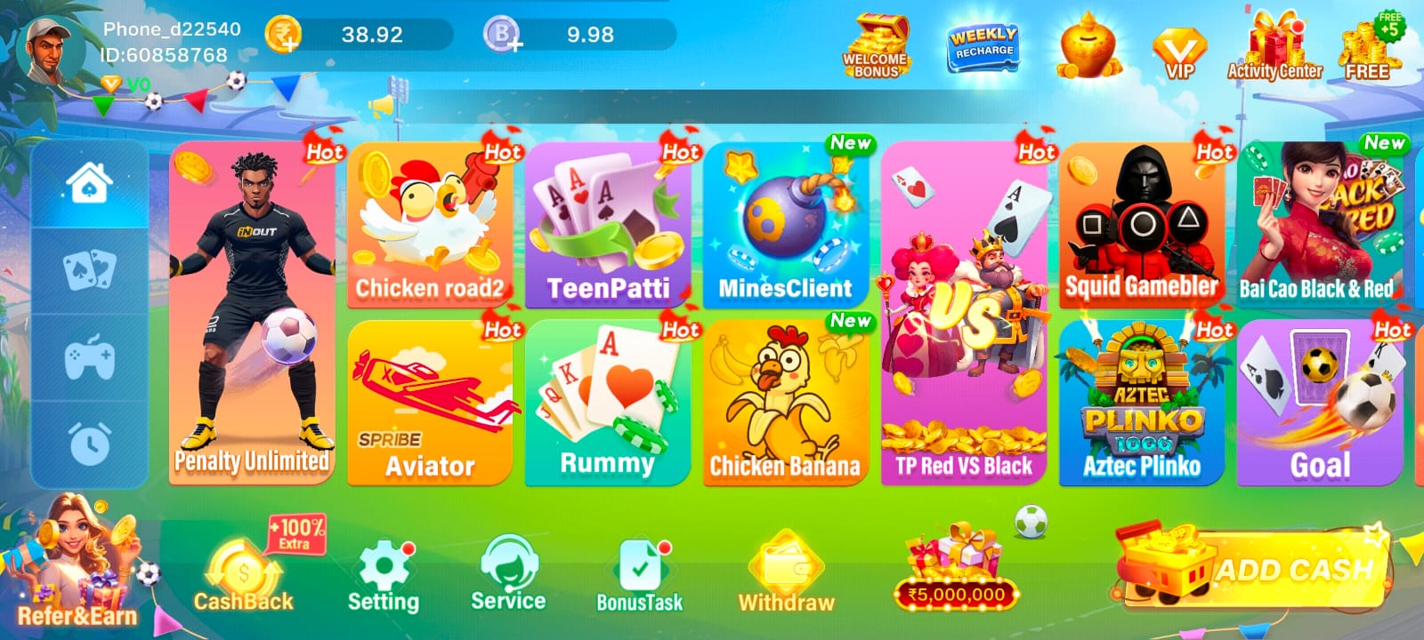 TPCasino lobby screenshot showing Teen Patti, Mines Client, and TP Red VS Black
