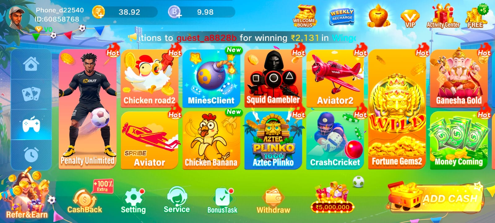 TPCasino lobby screenshot showing Mines Client, Squid Gambler, Aviator, and Fortune Gems