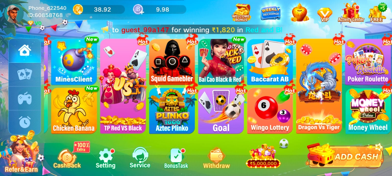 TPCasino lobby screenshot showing Mines Client, TP Red VS Black, Aztec Plinko, and Goal