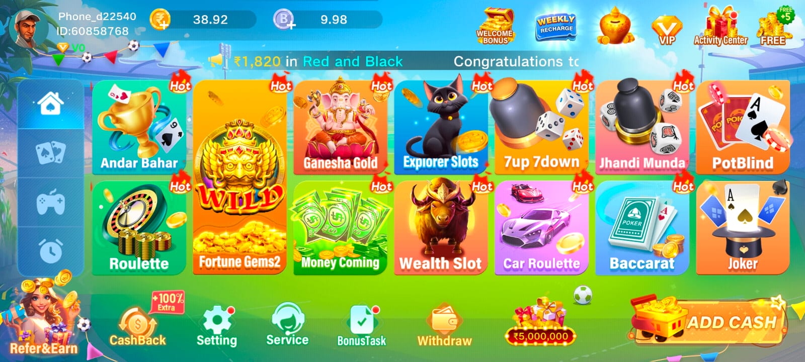 TPCasino lobby screenshot showing Andar Bahar, Roulette, Explorer Slots, and Baccarat